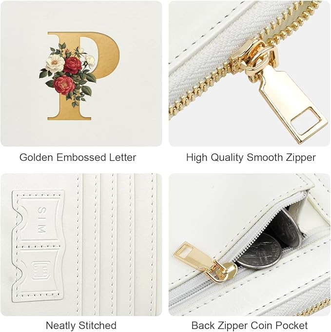 Passport Holder for Travel Personalized Passport Holder Initial Letter Rose Flower RFID Blocking Travel Wallets Credit Cards Holder for Women Men, White P