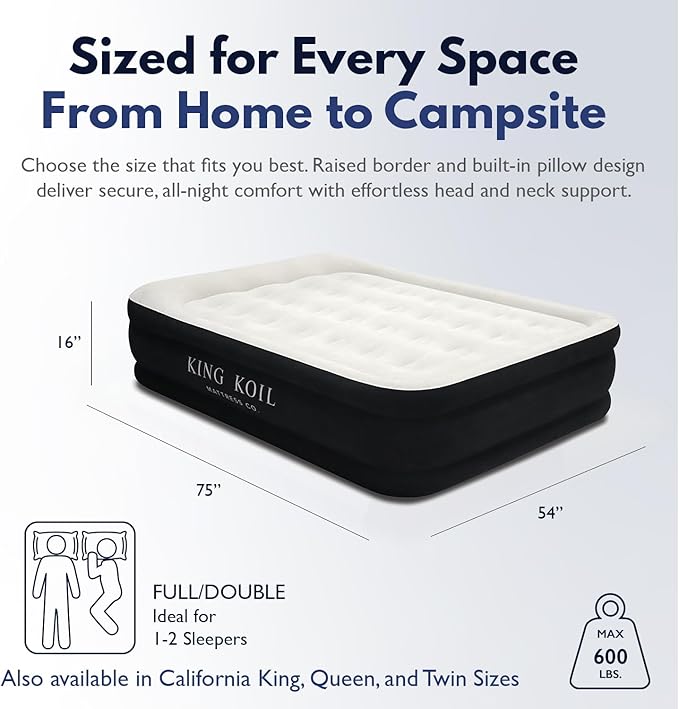 King Koil Pillow Top Plush Full Size Air Mattress with Built-in Pump for Home, Camping & Guests, Inflatable Airbed Luxury Double High Adjustable Blow Up Bed, Waterproof, 1-Year Warranty