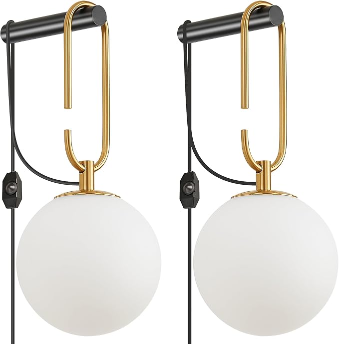 Dimmable Plug in Wall Sconces, Black & Gold Hanging Opal Glass Set of 2