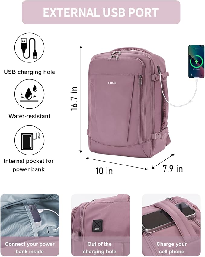 ECOHUB 17'' Travel Backpack, Personal Item Backpack with 13 Pockets, Flight Approved Carry on Backpack with USB Port & Luggage Sleeve, Travel bag for Women, Water Resistant Backpack, Pink