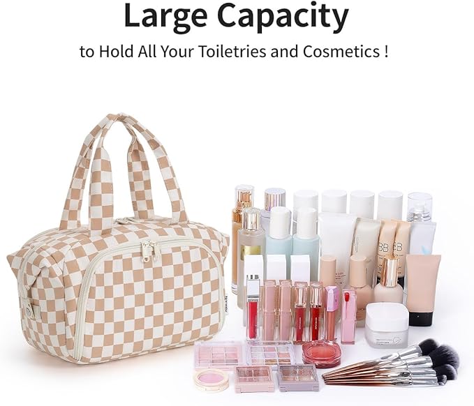 Narwey Travel Toiletry Bag for Women, Checkered Large Makeup Bag, Wide Open Cosmetic Make Up Organizer, Wet Pocket for Towel, Travel Bag for Toiletries, Brushes, Essentials (Light Brown Checker)