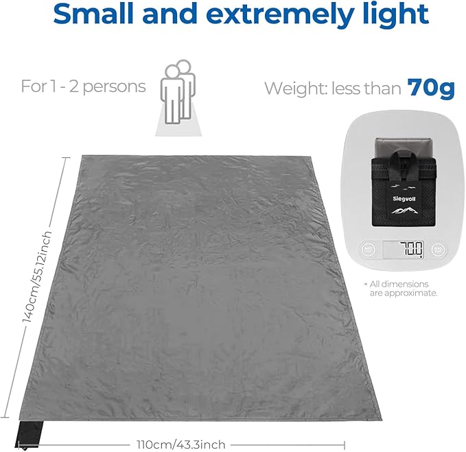 Pocket Picnic Blanket for 1-2 Persons, 43x55 in - Sandproof & Waterproof, Ultra-Light 2.5oz Travel Mat for Outdoor Beach Hiking Camping (Gray)