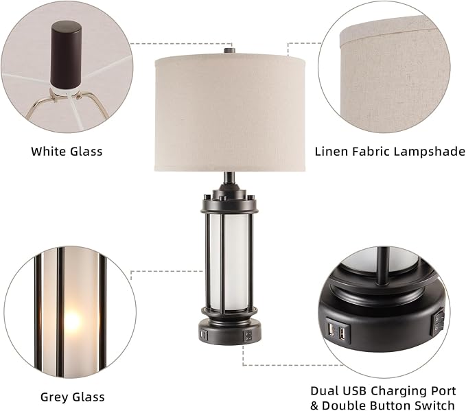 AIEAMPDO 25'' Set of 2 Modern Table Lamps for Bedroom with 2 USB C+A Ports | Black Retro Industrial Metal Lamp with Glass Nightlight Desk Lamp for Living Room Bedside End Table Office, 4 Bulbs Included