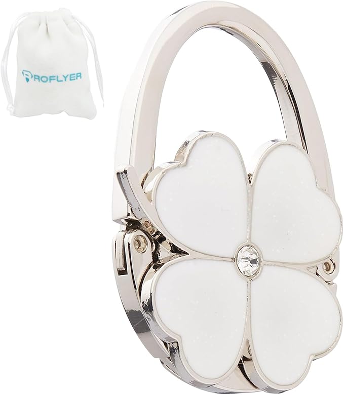 ROFLYER Clover Design Foldable Handbag Hanger Folding Purse Table Hook Holder(White)