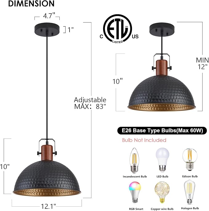 12 Inch Black Pendant Lights Hammered Matte Pendant Lights for Kitchen Island Industrial Farmhouse Adjustable Height Dome Hanging Light Fixtures for Barn, Dining Room 2 Packs