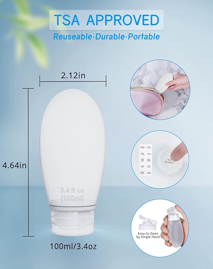 Silicone Travel Bottles for Toiletries TSA Approved Travel Size Containers Set 4 Pack Portable Leak Proof Refillable Cosmetic Squeeze Bottles Shampoo Hair Conditioner Body Lotion Bath Shower Gel