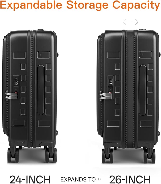 Expandable Lightweight PC Hard Shell Suitcase, 24-inch Luggage with TSA Lock, Top Opening & Cup Holder - Ideal for Business Travel Suitcase (Black, Checked-Medium 24-Inch)