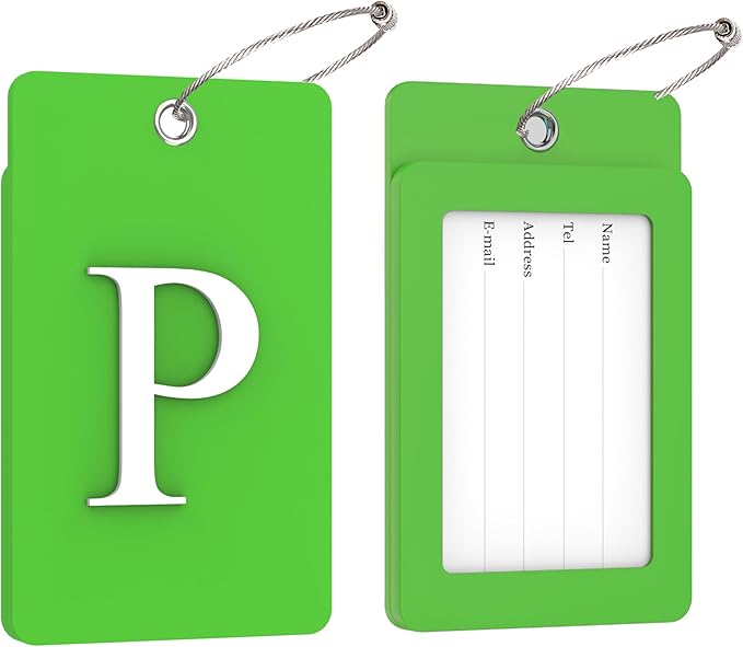 Gostwo 2 Pack Luggage Tags for Suitcases, 26 Initial Letter Travel Luggage Baggage Identification Labels ID Tag Fully Bendable Tags with Stainless Steel Loop (Green) (Letter P)