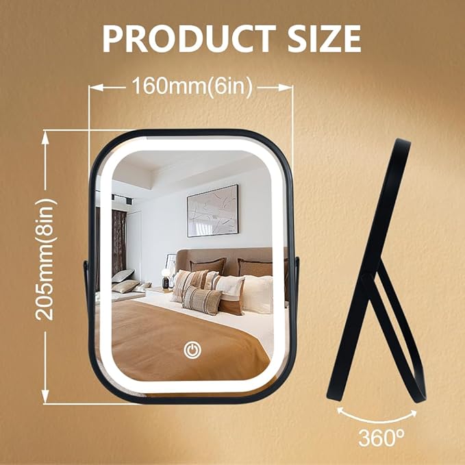YEKKOPT Travel Mirror with Lights, Small LED Makeup Mirror with Lights,Portable Desk Mirror 1200mAh Battery,3 Color Modes,Dimmable Touch Screen, Tabletop Folding Compact Mirror,Women Gift