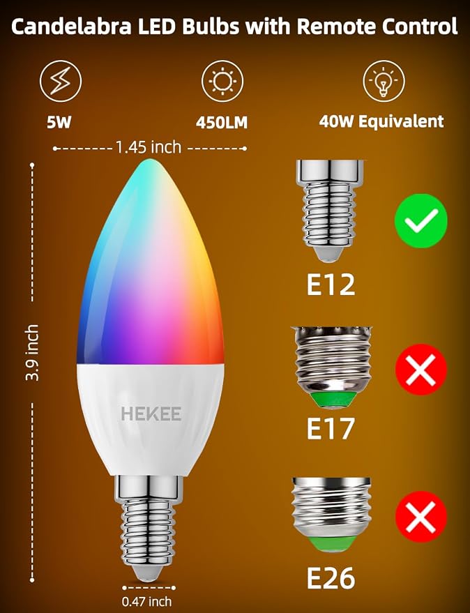 E12 Candelabra Light Bulbs, 120V Color Changing Bulb with Remote, Plug-in Only, E12 Base, 12 RGB+2700K Warm White, 40W Equiv (5W), 450LM, Timer, 2 Modes, for Chandelier/Ceiling Fan, 12 Pack