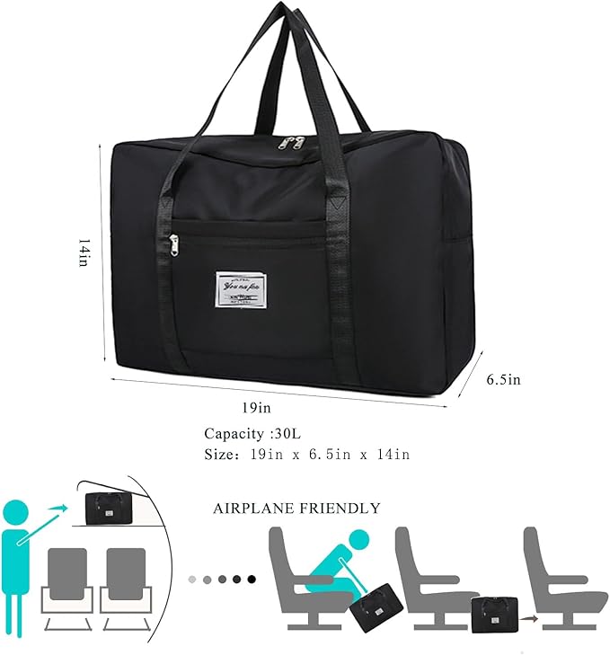 19" Travel Duffel Bag, Large Weekender Bag for Women Men, Expandable Personal Item Bag for Airlines, Water Resistant Carry On Bag with Trolley Sleeve for Gym, Overnight, Hospital (Black)