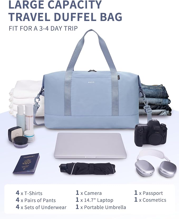 ECOHUB Travel Duffel Bag Water Resistant Weekender Bag Carry On Bags for Women Sport Gym Bags for Men Hospital Bag for Labor and Delivery Overnight Bag Luggage Bag with Trolley Sleeve 30L Grayish Blue