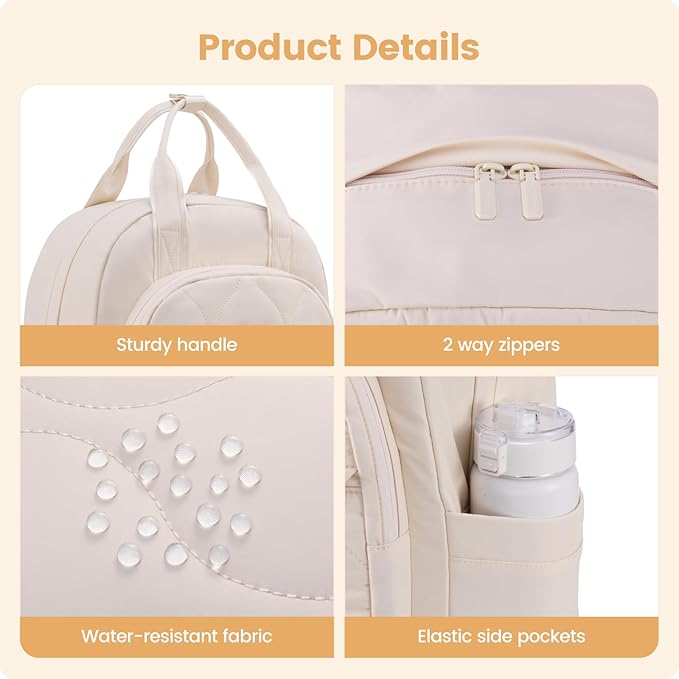 LOVEVOOK Laptop Backpack for Women, College Travel Backpack Puffer Womens Backpack for 15.6 Inch Laptop, Computer Water-Resistant Quilted Casual Daypack, Beige