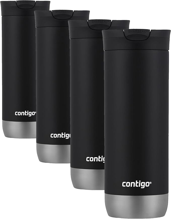 Contigo Huron Vacuum-Insulated Stainless Steel Travel Mug,16oz Licorice - Leak-Proof Lid for Hot/Cold Beverages,Fits Most Cup Holdersand Brewers,(Pack of 4)