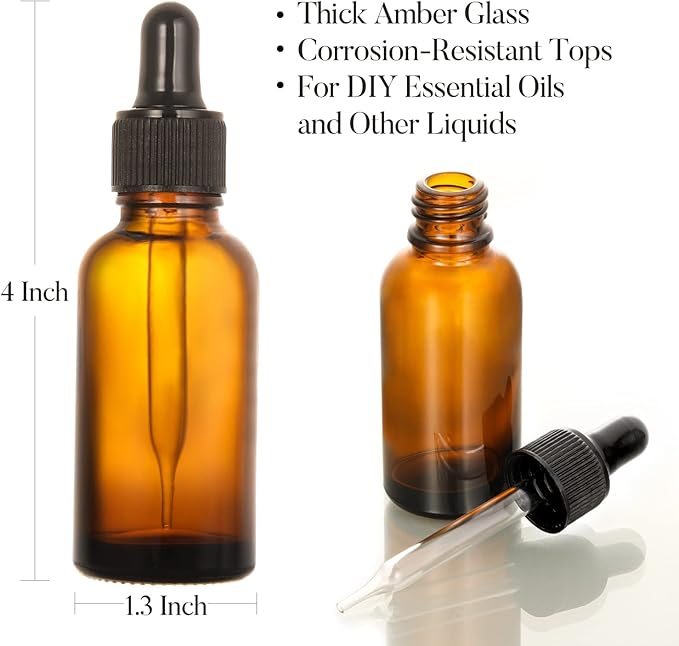 4 Pack, 1 oz Thick Dark Amber Glass Dropper Bottles with 1 Funnels & 4 Labels - 30ml Tincture Bottles with Eye Dropper - Leakproof Essential Oils Bottle - Storage and Travel for Beauty or Health
