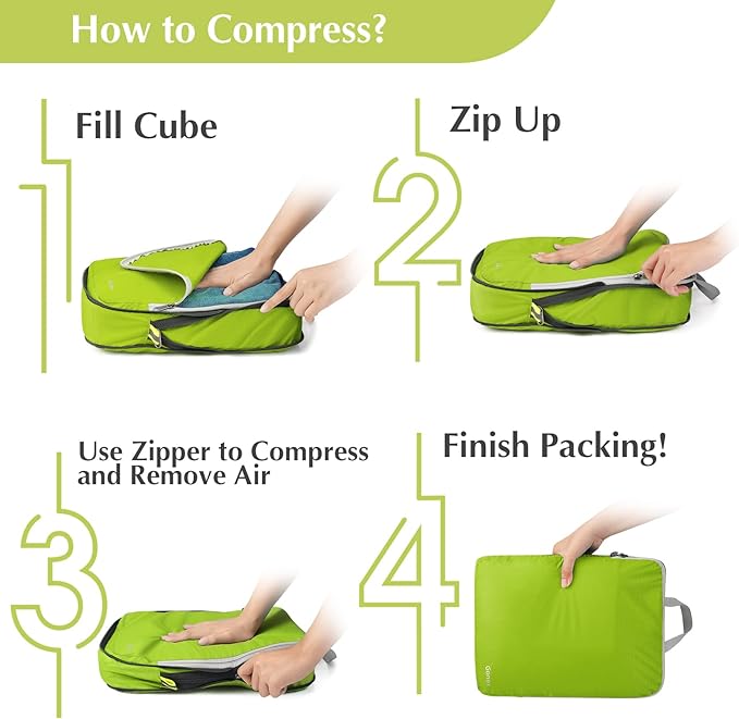 Gonex Compression Packing Cubes, 4pcs Expandable Storage Travel Luggage Bags Organizers (Green)
