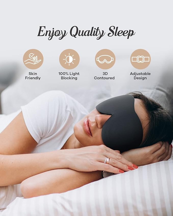Sleep Eye Mask for Men Women, 3D Contoured 100% Blackout Eye Mask for Sleeping with Adjustable Strap, Soft and Comfortable Night Blindfold, Shade Cover for Travel Shift Work Nap, Black