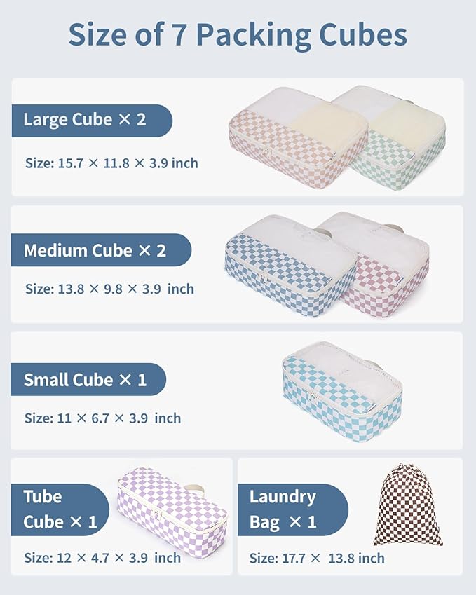 Narwey 7 Set Checkered Packing Cubes for Travel Kids Women, Durable Packing Organizer Bags for Carry on Suitcase Luggage Travel Essentials Accessories (Combined Checkerboard)