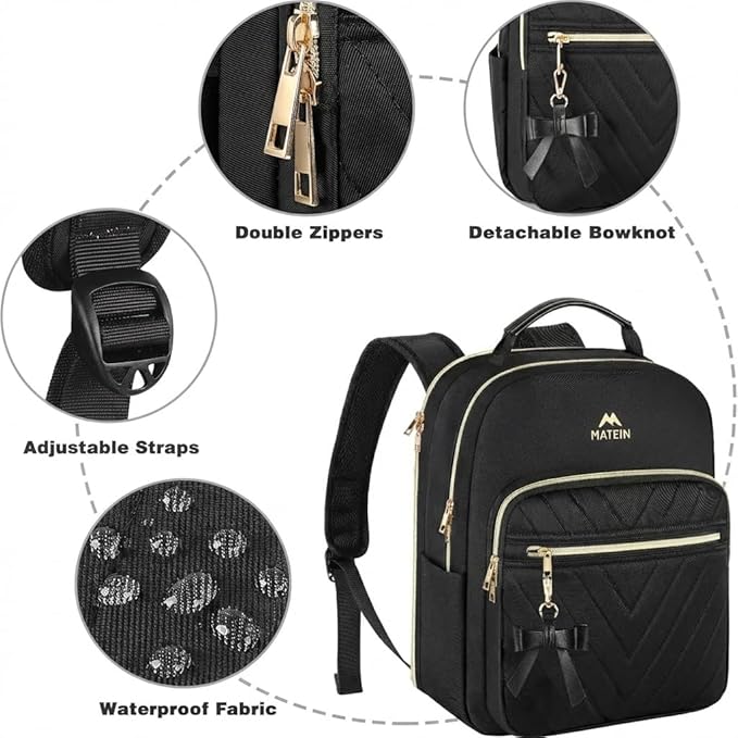 MATEIN Backpack Purse for Women, 15.6 inch Cute Stylish Waterproof Backpack Purse, Fashion Waterproof Casual Daily Shoulder Bag for College Work Travel, Gifts for Ladies, 2pcs Set, Black