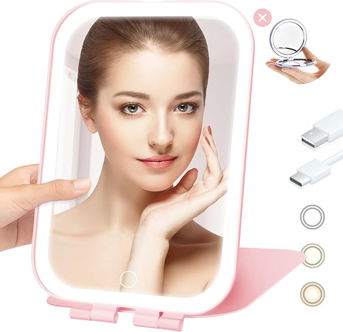 Koolstuffs Travel Mirror with Light, Rechargeable Portable Makeup Mirror with Battery-Powered, 3 Colors LED Lighting, Dimmable Touch Screen Vanity Lighted Mirror