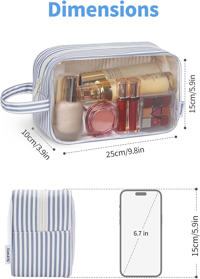 Narwey Clear Toiletry Bags for Traveling Women Men, Clear Travel Bags for Toiletries Makeup Bag Cosmetic Bag with Zipper, Make Up Organizer, Skincare Bag (Greyish Blue Stripe)