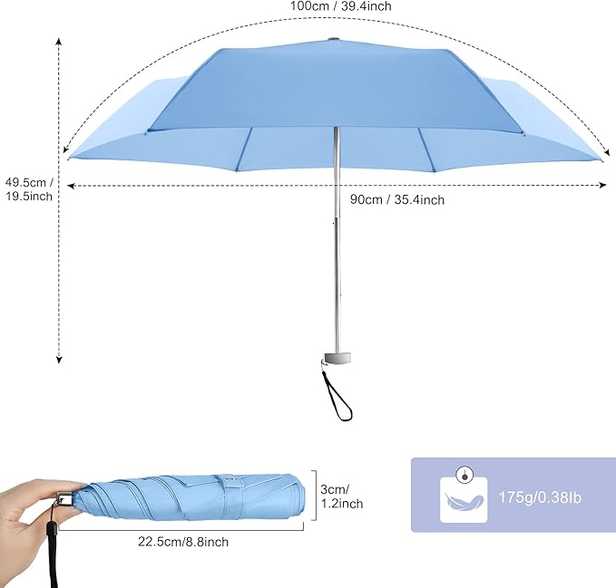 Lejorain Travel Mini Umbrella for Purse - Black Compact Durable Cool Teflon Light Weight Flat Backpacking Umbrella Portable Paraguas