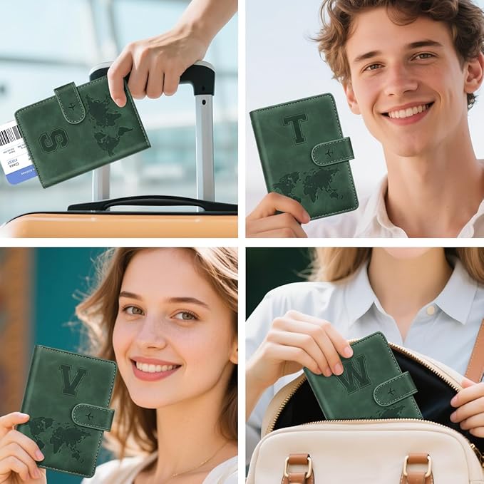 Personalized T Passport Holder Cover Initial Letter Travel Wallet RFID Blocking Passport Cover Credit Card Holder Case Passport Book Holders for Women and Men, Pine Green-T