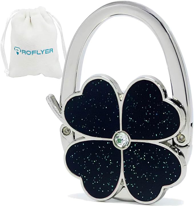 ROFLYER Four Leaf Clover Design Foldable Handbag Hanger Folding Purse Table Hook Holder (Black)