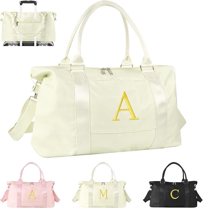 Personalized Initial Gym Dance Bag, Travel Duffel Bag for Teen Girls, Carry On Bag Overnight Weekender Bag with Trolley Sleeve, Birthday Gifts for Women Mom Daughter Graduation Gift(Letter A, Beige)