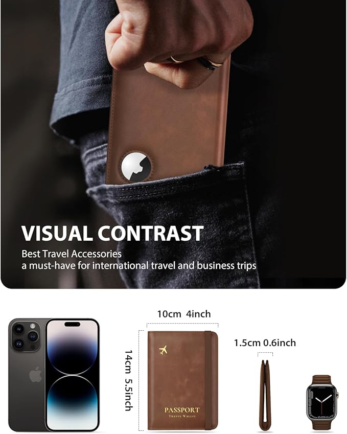 Stouchi AirTag Passport Holder, RFID Passport Holder with Airtag Slot, Multiple Passport Wallet Cover for Men, Leather Passport Case, Anti-Lost Waterproof Travel Accessories, Brown