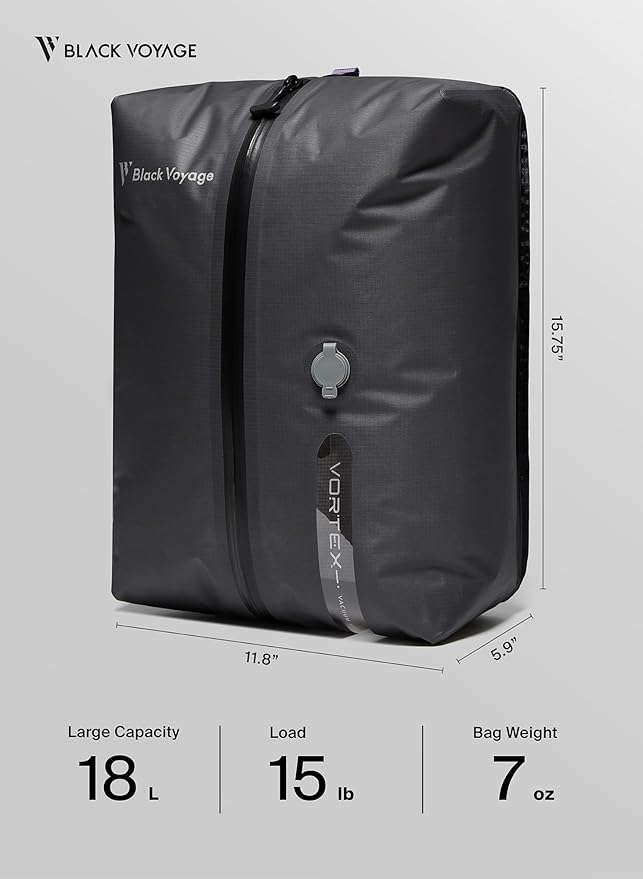 Black Voyage Reusable Vacuum Compression Travel Bag for Carry-On Suitcase and Backpack, Recycled IP67 Waterproof Space Saver Vacpack (3-Pack, 18L - No Pump)