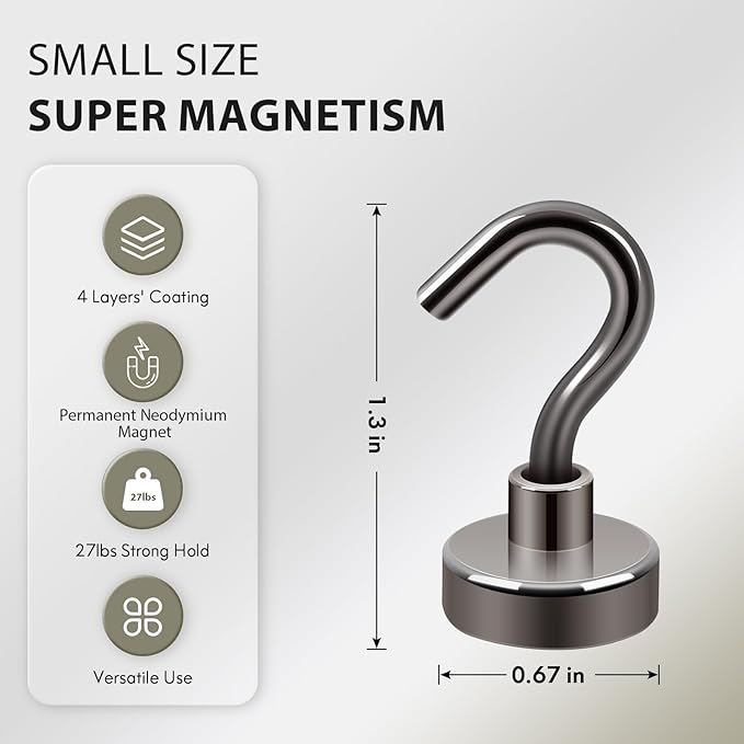 Neosmuk Magnetic Hooks,30lb+ Heavy Duty Earth Magnets with Hook for Refrigerator, Extra Strong Cruise Hook for Hanging, Magnetic Hanger for Cabins, Grill (Gunblack, 6 Pack)