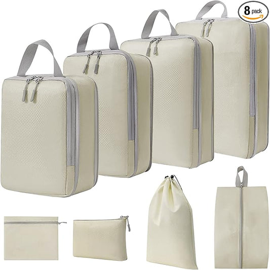 WOOMADA Compression Packing Cubes for Suitcases Travel Essentials 8 Set Expandable Travel Bags Organizer for Luggage(beige)