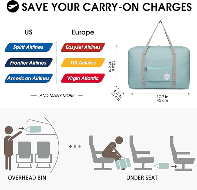 WANDF For Spirit Airlines Personal Item Bag 18x14x8 Travel Duffel Bag Underseat Foldable Carry-on Luggage for Women