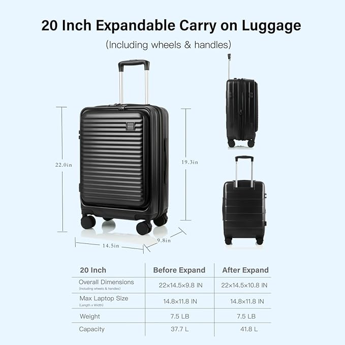Carry On Luggage Airline Approved, 20 Inch Expandable PC Hardside Lightweight Suitcases with Spinner Wheels and TSA Lock