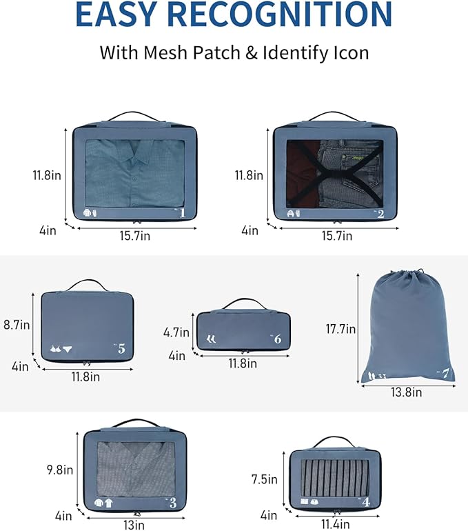 ECOHUB 7 Set Packing Cubes Tear-Resistant Luggage Packing Organizers with Number Icon for Travel Accessories Luggage Suitcase Machine Washable Packing Cubes (Blue)
