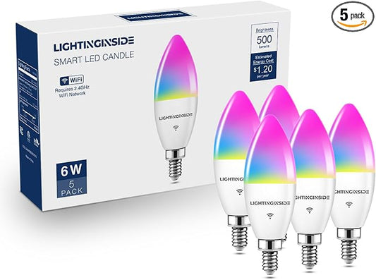 E12 Smart Bulbs 60W Compatible with Alexa/Google Home, 5 Pack | No Hub Required, 500LM 6W RGBCW Candle Chandelier Light bulb Work with SmartLife, 2.4G WiFi & BLE Candelabra Bulb, ETL Listed
