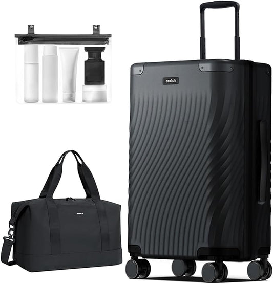 ECOHUB Hardside Expandable Carry On Luggage, Recycled PC 24" Rolling Luggage 26x16x11 Airline Approved with Spinner Wheels & TSA Lock, Lightweight Hardshell Travel Suitcase, 24inch Carry-on Black