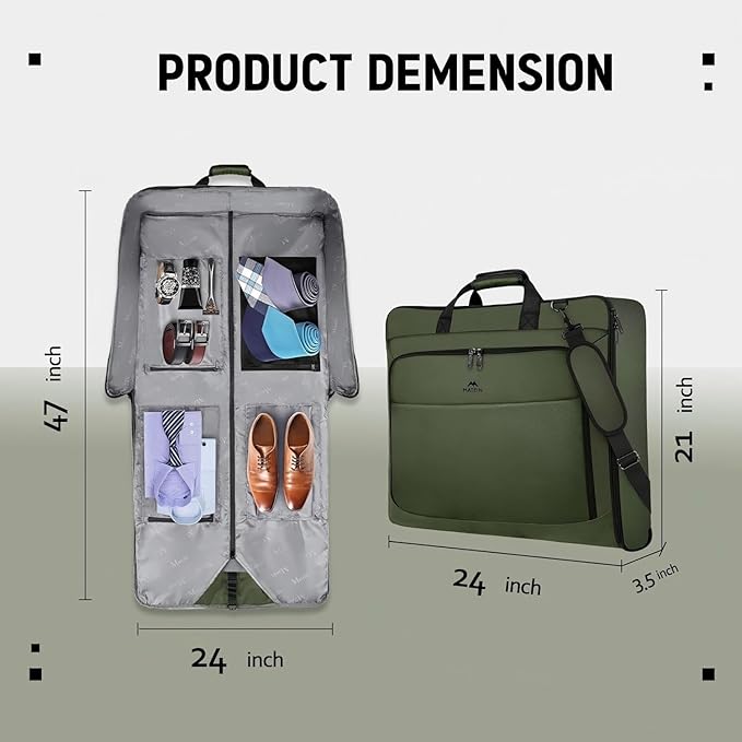 MATEIN Travel Garment Bag, Large Convertible Carry On Suit Bag with Adjustable Shoulder Strap, Waterproof 2 in 1 Hanging Luggage for Men Women, Foldable suitcase for Business Trips, Green