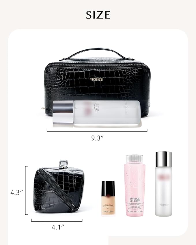 Make Up Bag, Cosmetic Organizer for Women, Waterproof Croc PU Leather Makeup Organizer with Divider and Handle Toiletry Bag Travel Bag (Croc Embossed, Black)