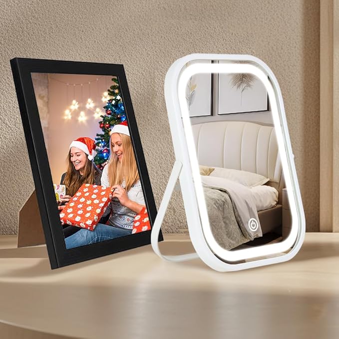 YEKKOPT Travel Makeup Mirror with Lights, Portable Small Beauty LED Vanity Mirror with Lights, 1200mAh Battery, Dimmable Touch Screen, Tabletop Folding Compact Mirror,Women Gift