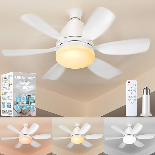 Socket Fan Light with Remote, 20'' 30W Dimmable LED 3 Colors 3000K-6500K, 6 Speed Wind Small Ceiling Fan with Light, Screw in Light Bulb Fan for Bedroom, Kitchen, Living Room, Closet