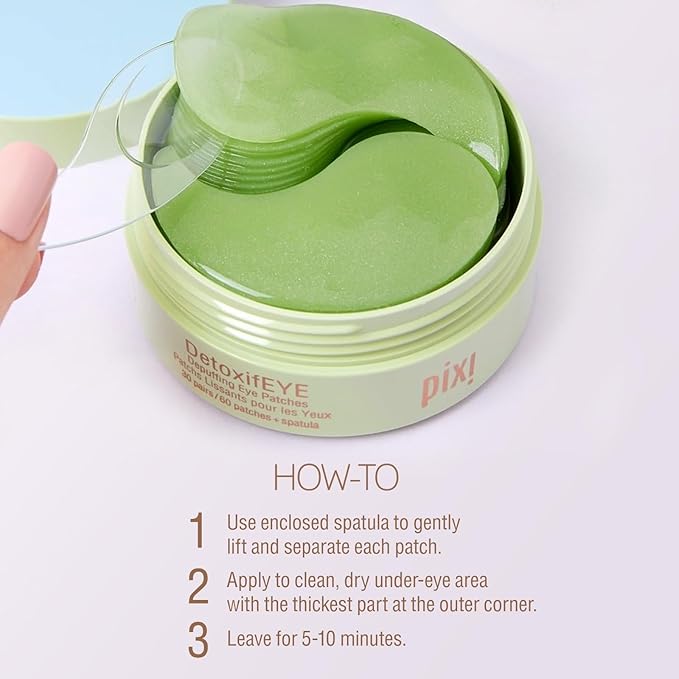 Pixi DetoxifEYE Depuffing Hydrogel Under-Eye Patches, Cucumber, Hyaluronic Acid & Caffeine for Puffy Eyes and Dark Circles, Hydrate Eye Area, 30 Pairs, 60 Patches