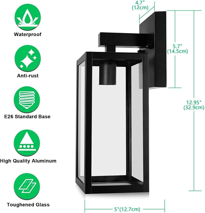 MAXvolador Outdoor Wall Light Fixture, Exterior Waterproof Wall Lantern | Porch Wall Sconce Black, Anti-Rust, E26 Socket, Clear Glass, Outside Wall Mount Light, Front Door Lighting for Patio Garage