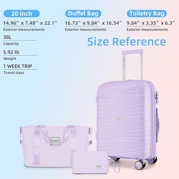 LARVENDER Carry On Luggage 22x14x9 Airline Approved, 20 Inch Hardshell & Lightweight PP Carry On Suitcase for Women with Spinner Wheels TSA Lock, Lavender