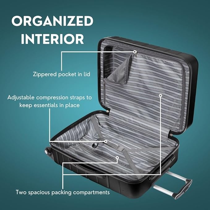 Skyway Epic 2.0 Hardside 4-Wheel Spinner, Lightweight Suitcase, Unisex, Stylish, Men and Women, 24-inch Medium Check-In, Black