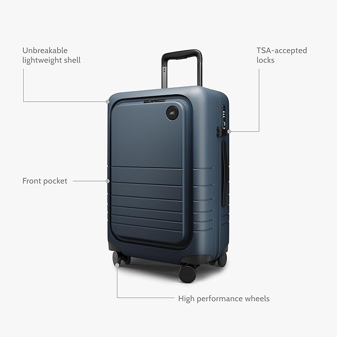 Monos Carry-On Pro Plus Luggage (23"), Hardside Spinner Suitcase with TSA Lock & Front Pocket, Airline Approved, Ocean Blue