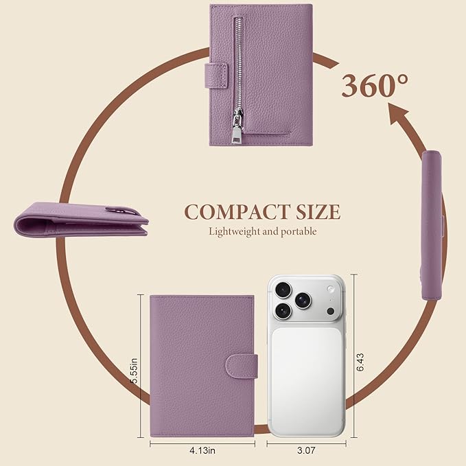 Genuine Leather Passport Holder for Women Men, Hidden Airtag Pocket, RFID Blocking, Zippered Coins Pocket & Cash Compartment Travel Gifts Essentials Passport Cover Case - Purple
