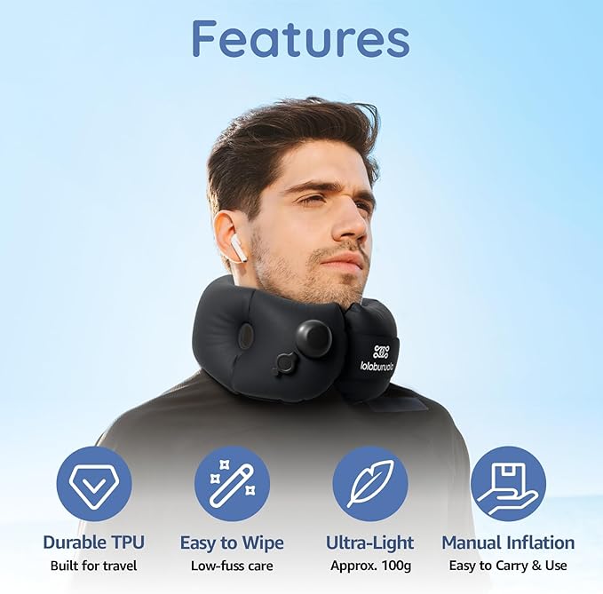 Inflatable Neck Pillow, Portable Travel Neck Pillow Airplane, Storable Black Neck Pillows Travel with Washable Cover, Adjustable Air-Fill Support