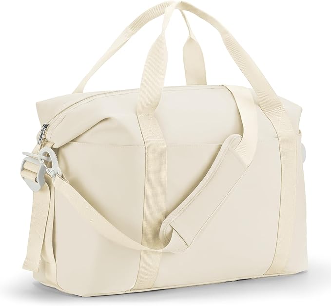 Percover Weekender Travel Duffel Bag for Women, Lightweight Soft-Structure 33L Carry-On, Water-Resistant Nylon with Shoulder Strap & Trolley Sleeve, Personal Item Friendly, Oat Milk
